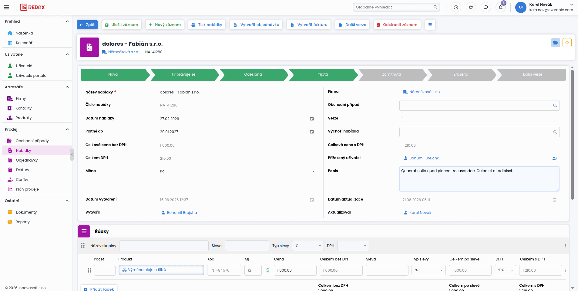 Detail obchodní nabídky se stavy schvalování a položkami